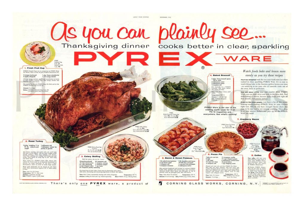 Vintage 1950s Thanksgiving Cooking Recipes and Vintage Pyrex Ad. 