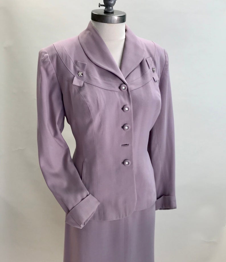 1940s women's skirt suit in rare and exquisite lavender wool.