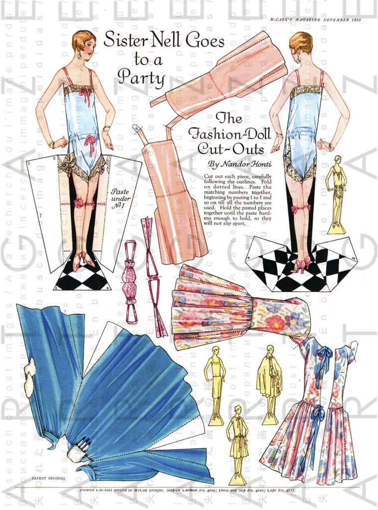 1920s Vintage Paper Dolls - "Sister Nell Goes to a Party". Gorgeous art deco flapper (1920s) paper doll with her 1920s party wardrobe.