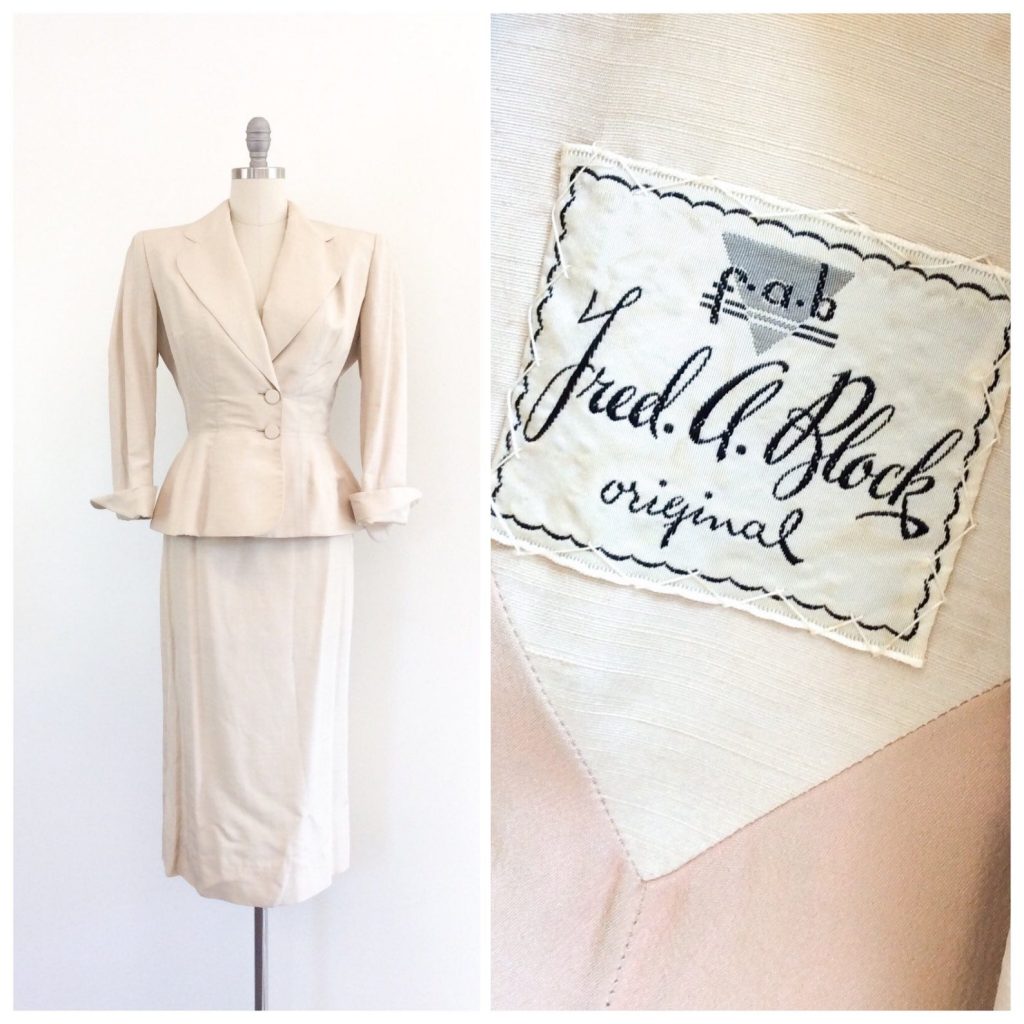 Awesome ivory 2 piece skirt & jacket Fred A Block skirt suit set from the 40s.