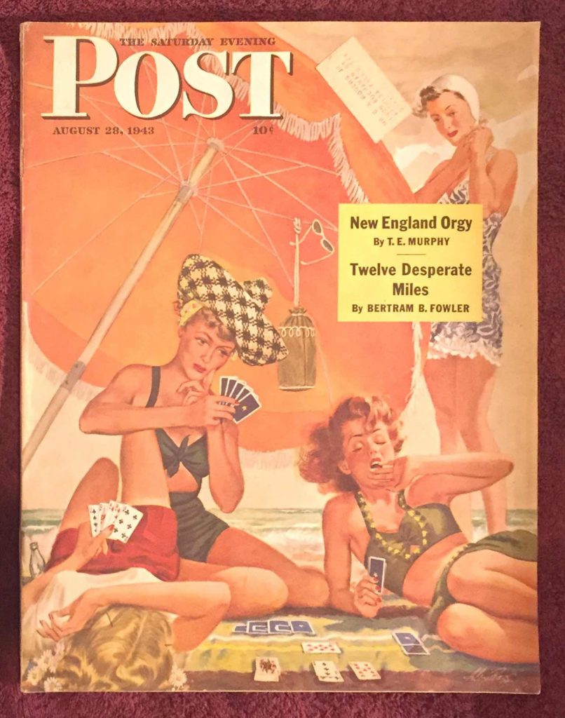 Card Game at the Beach, Saturday Evening Post Cover, August 28, 1943. 1940s vintage magazine cover. 