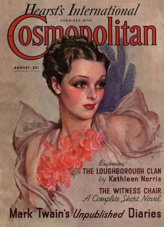 Cosmopolitan magazine, August 1935. Artist: Bradshaw Crandell. Cover features a pretty woman with 1930s hairstyle. 1930s vintage magazine cover. 