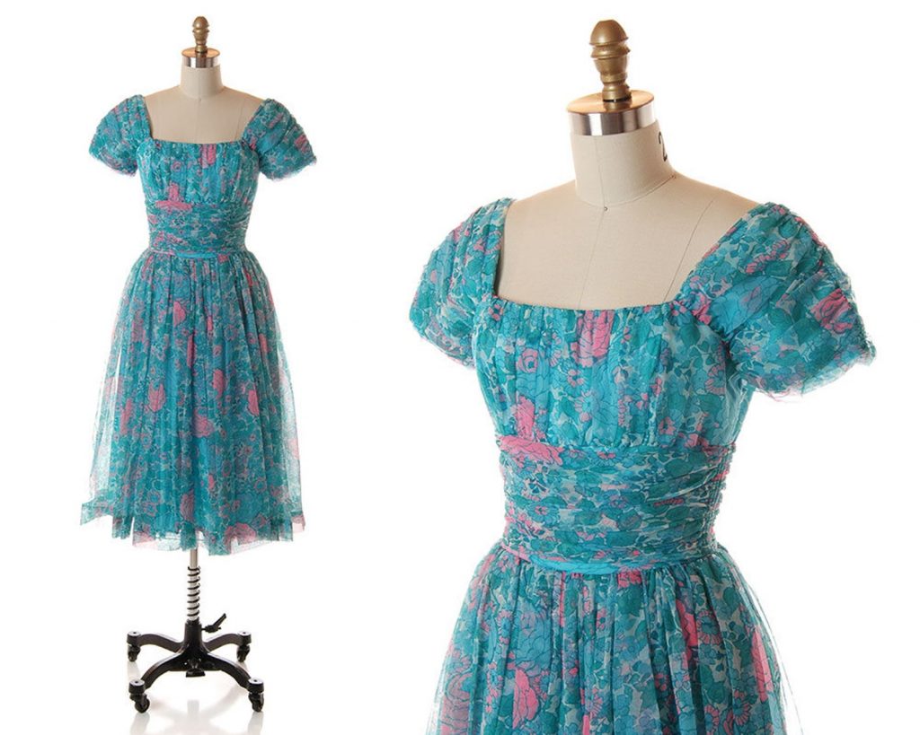 Floaty chiffon 1950s vintage aqua & pink floral party dress. 1950s fashion / 1950s dress by Jonathan Logan.