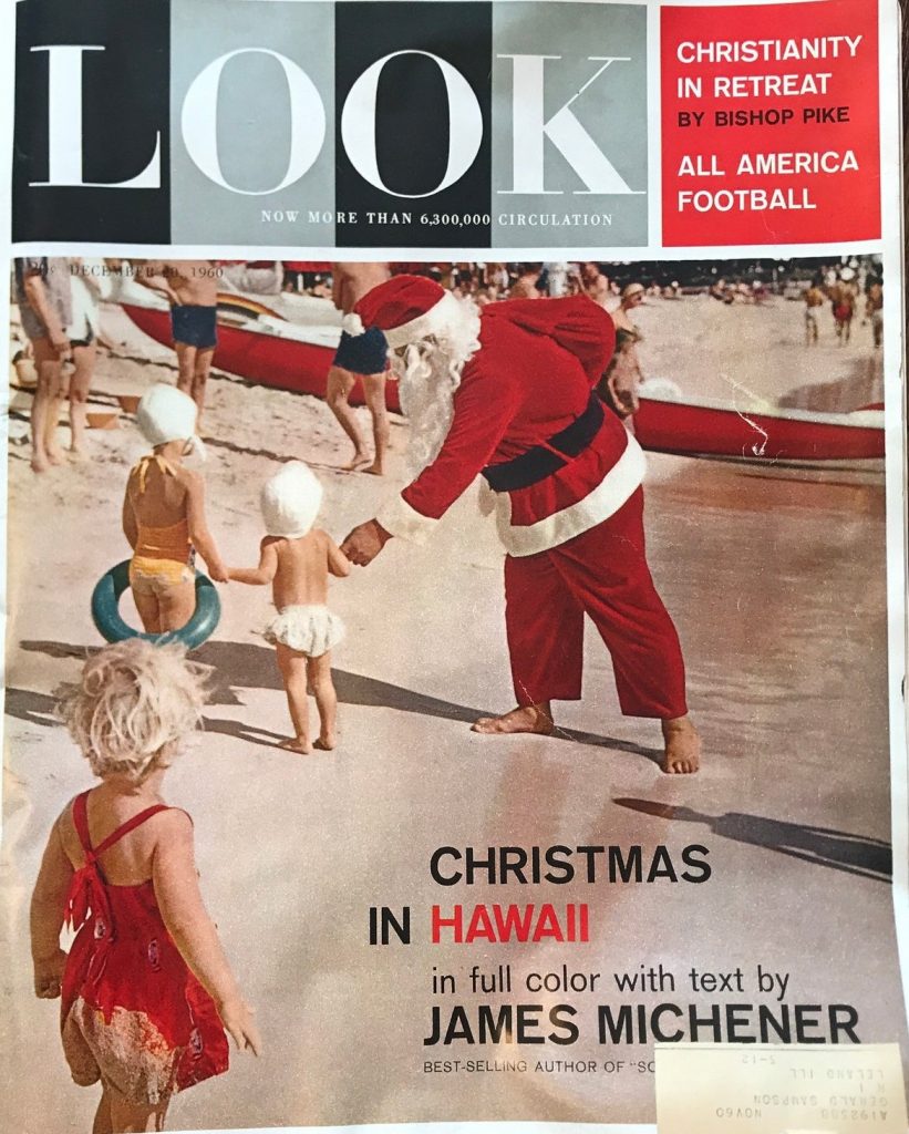 1960s vintage magazine cover for LOOK magazine featuring Santa on the beach - Christmas in Hawaii