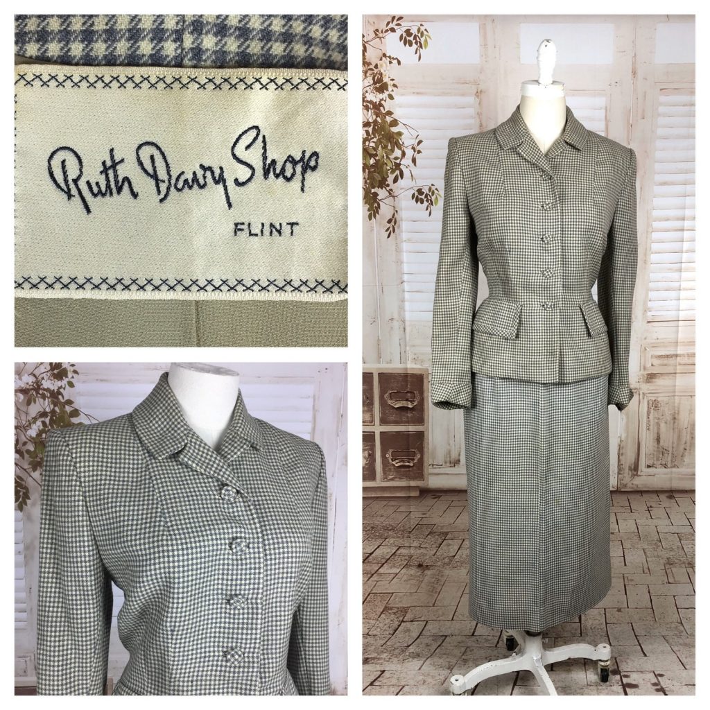 Original 1940s 40s Vintage Grey Taupe Cream Houndstooth Check Wool Skirt Suit Ruth Davy Shop