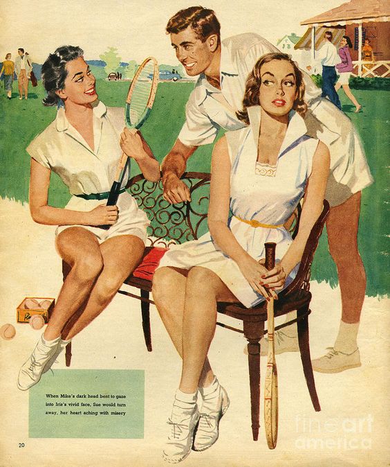 1950s illustration featuring two women in tennis outfits hanging out by the tennis court having drama over a man. 1953 Drawing.  Vintage Tennis Outfit Inspiration. 