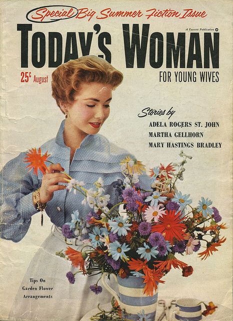 The beautiful, vibrant flower filled cover of the August 1953 edition Today's Woman magazine ("for young wives"). 1950s vintage magazine cover. 