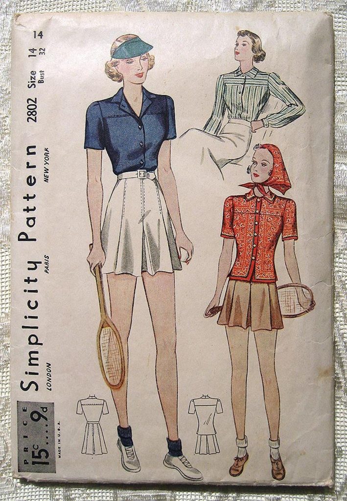 1930s Vintage Sewing Pattern for Tennis Outfits. Misses Shorts, Blouse and Scarf. Tuck-in overblouse, has straight yoke front and back. Fastens with studs or buttons. Narrow collar. Long or short sleeves. Blouse and scarf may be made of three kerchiefs. Shorts have box pleats front and back. The perfect vintage Tennis Outfit Inspiration