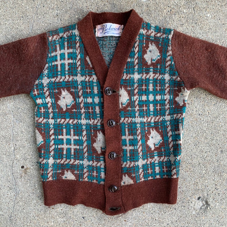 Vintage 1940s / 1950s Novelty Scottie Dog Plaid Wool Cardigan for a kid.