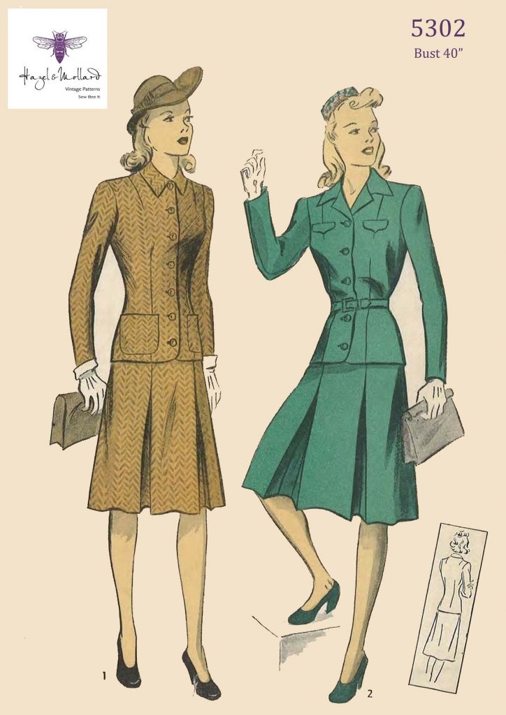 Vintage 1940's Sewing Pattern: Women's Two-Piece Skirt Suit has inverted pleats in front and is finished at upper edge with a belt.