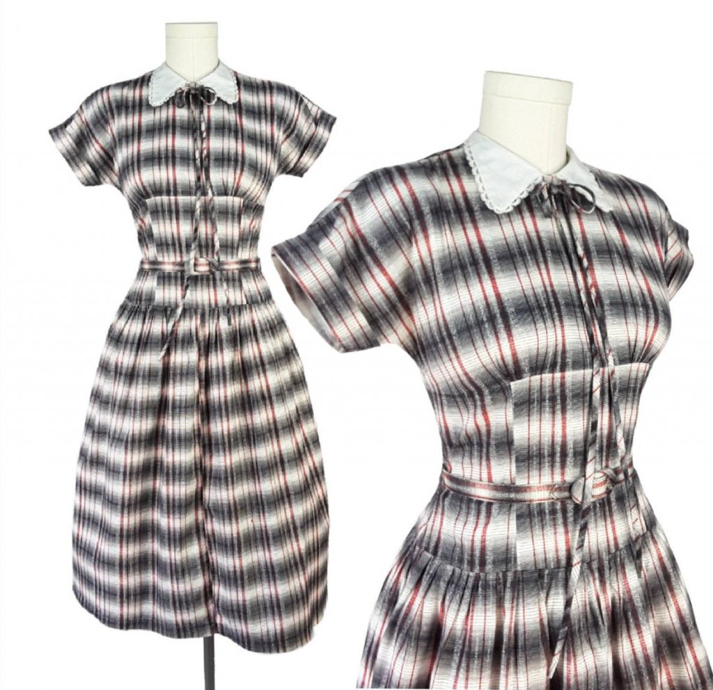 Vintage 1950s Dress S/M ~ White Red Black Plaid Fit & Flare Dress Fitted Shelf Bodice Wasp Waist Lace Trim Collar Tie Bow Cuffed Sleeves