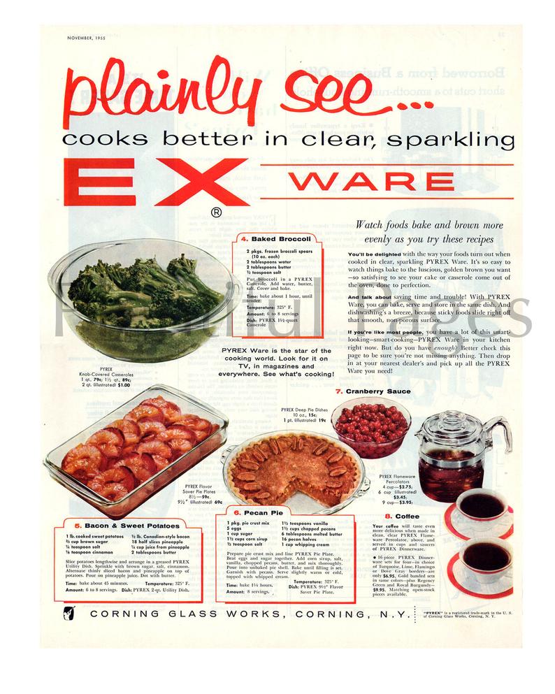 1950s Vintage Thanksgiving Cooking Recipes and Vintage Pyrex Ad. 