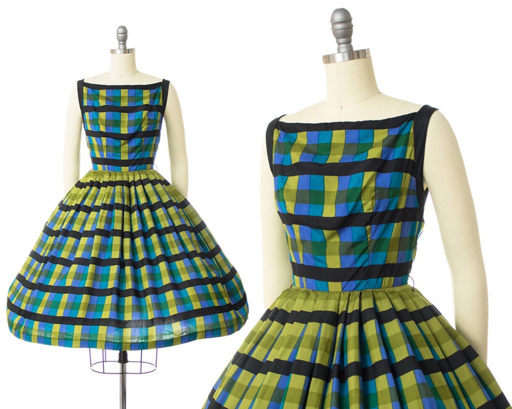 Vintage 1950s Dress | 50s Silk Plaid Checkered Green Blue Pleated Full Skirt Sundress