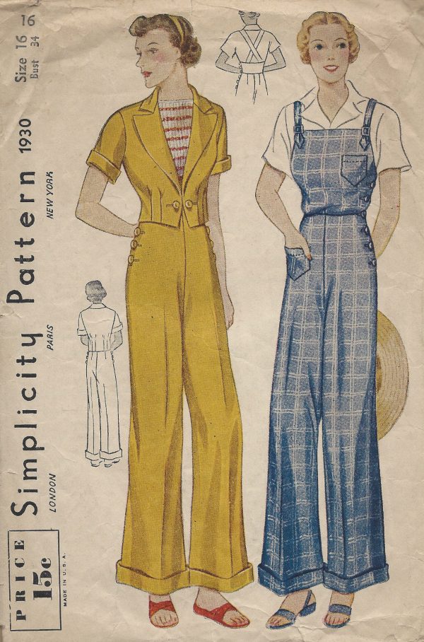 1930s Vintage Sewing Pattern -OVERALLS TROUSERS & JACKET Plaid Overalls