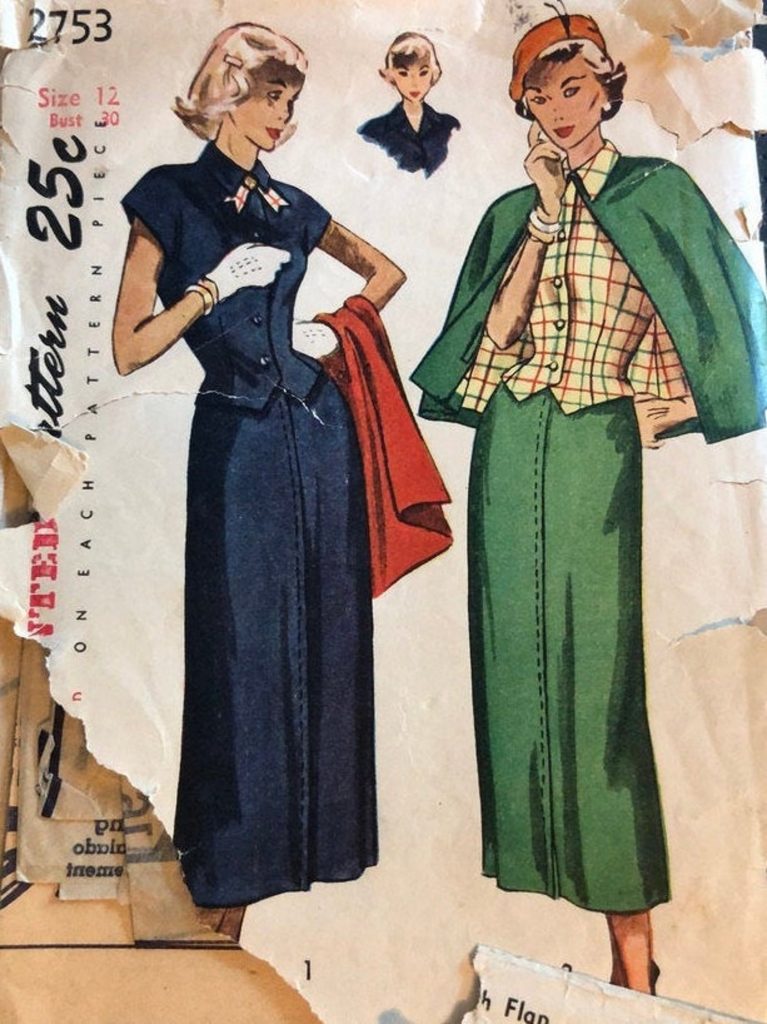 1940s Fashion: 1949 Ladies' Suit Pattern
Simplicity 2753 Weskit Vest, Blouse,Slim Skirt, Short Lined Cape