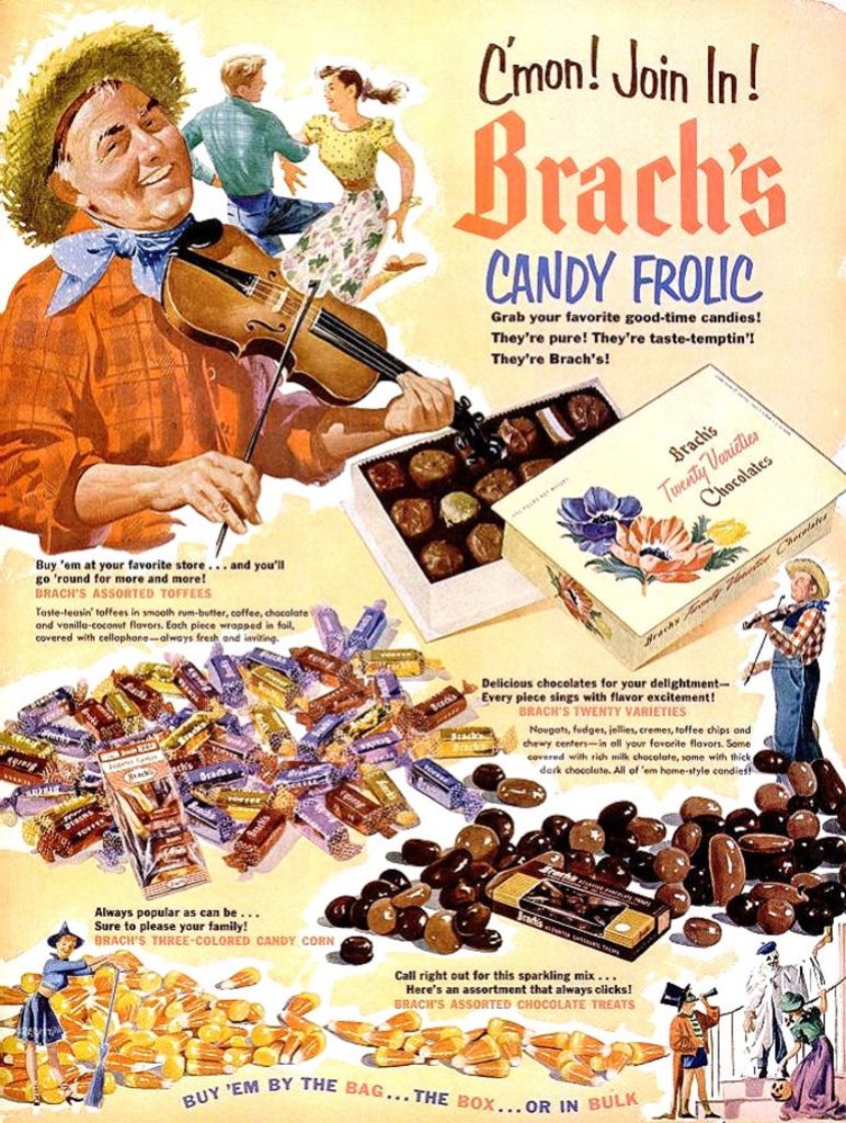 1950s vintage ad: 1952 Brach's Candy and chocolate ad featuring square dancers and halloween candy vintage halloween