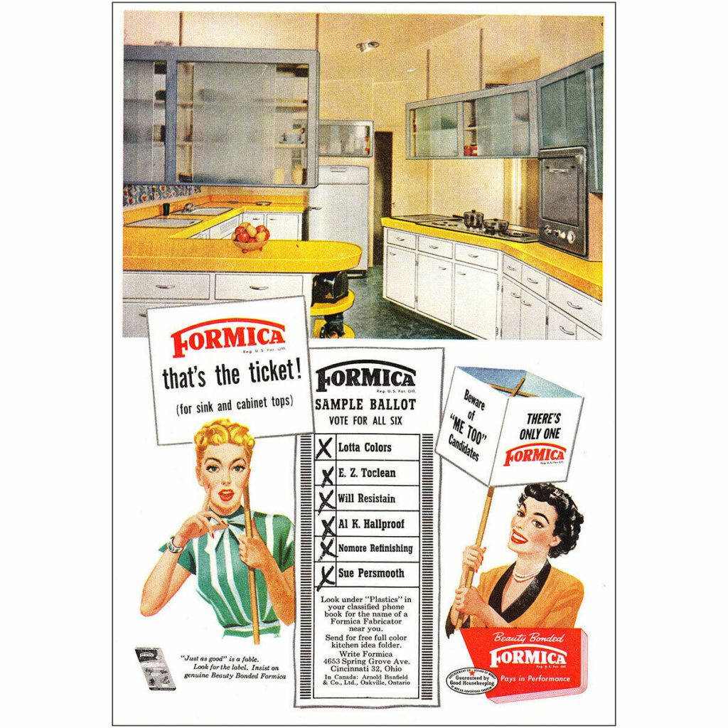 11950s vintage ad: 1952 Formica: That's the Ticket Vintage Print Ad featuring 2 1950s housewives holding signs. 1950s vintage hairstyle inspiration