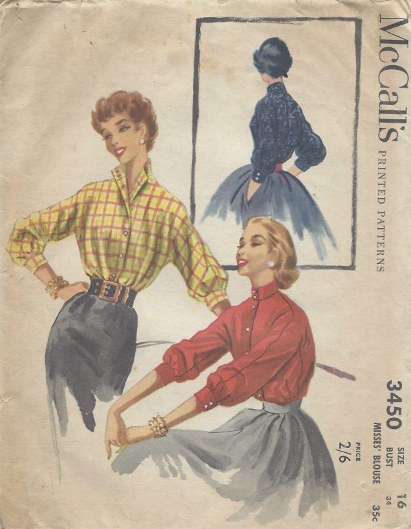 1955 women's blouse vintage sewing pattern featuring a plaid blouse in the illustration.