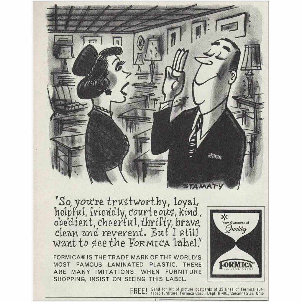 1960s vintage ad: 1961 Formica: Trustworthy Loyal Vintage Print Ad featuring an illustration of a man and woman in a furniture store buying a formica table. 