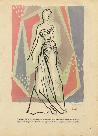 Christian Dior 1947 Rose France Strapless Evening Gown fashion illustration. 1940s fashion. 