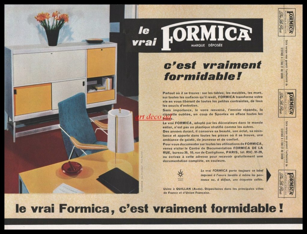 1950s vintage ad for Formica for stylish 1950s side cupboards. 1957 vintage ad. 