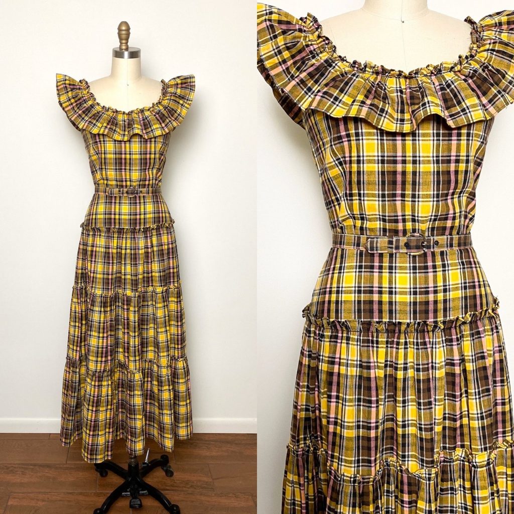 Stunning yellow, pink, black and white plaid cotton 40s dress with luscious full tiered skirt and generous ruffle at the neck that doubles as a capelet sleeve or can be worn off the shoulder.