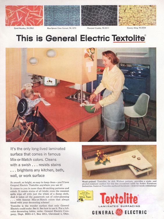 1950s vintage ad for Textolite countertops, laminate surfacing, 1957 vintage ad featuringa 1950s mid century kitchen.