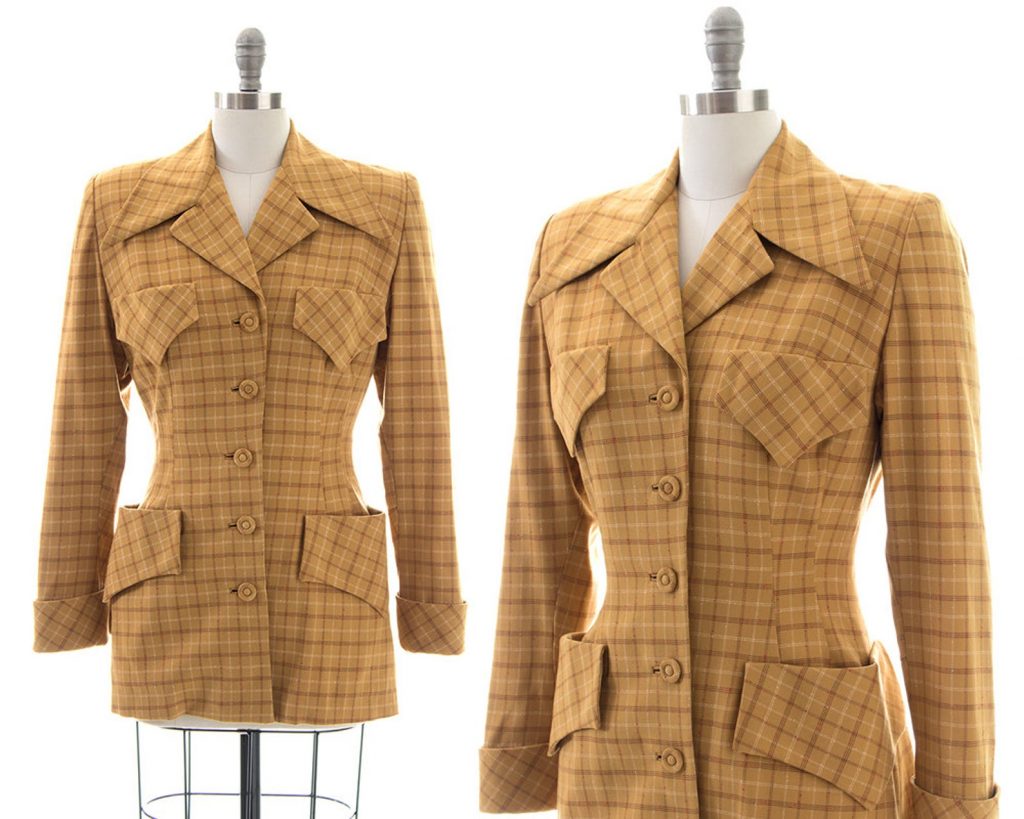 Vintage 1940s Blazer | 40s Plaid Wool Mustard Yellow Tailored Suit Jacket with Pockets