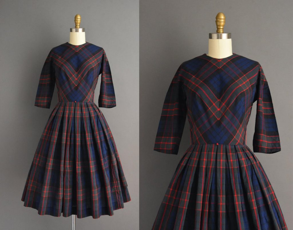 Vintage 1950s cotton shirt dress by Minx Modes. This vintage dress features a wonderful plaid print throughout.