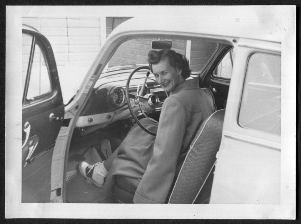 1950s Vintage Photo Young Woman Posing in Front Seat of Car Saddle Shoes 