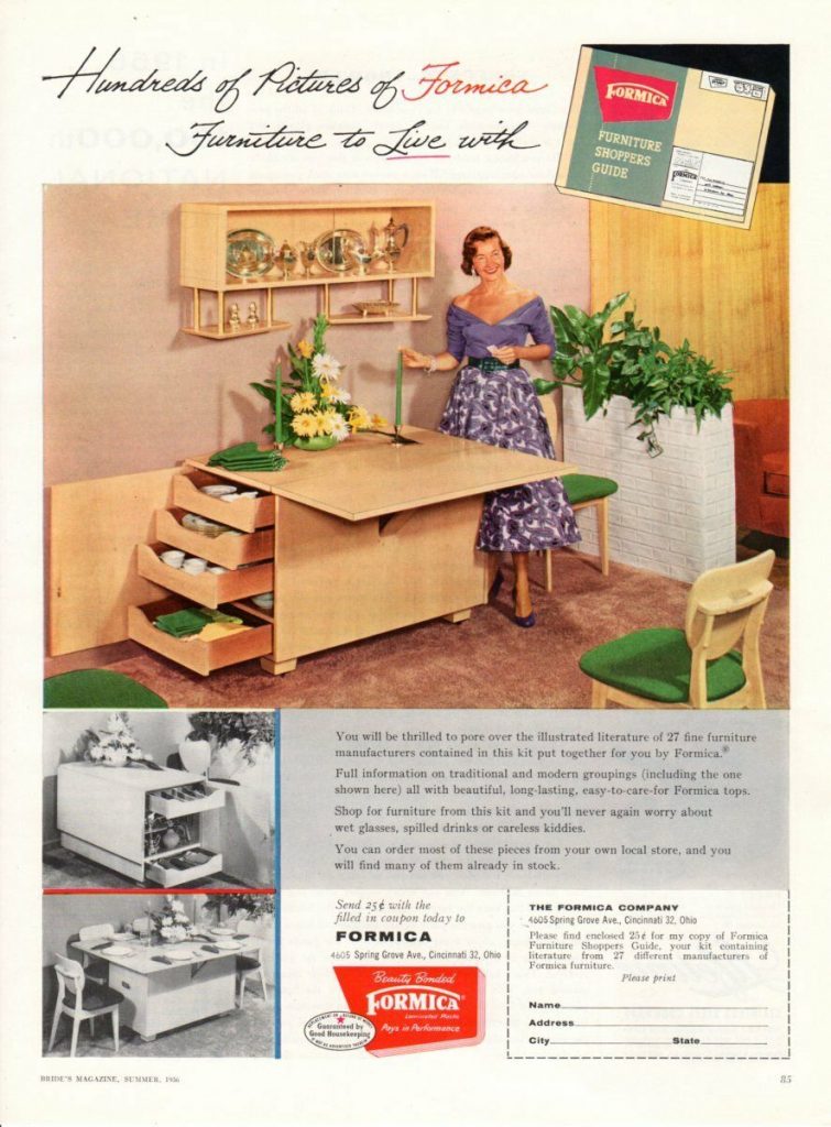 1950s vintage ad: Vintage advertising print ad from 1956 for a Formica Furniture Shopper Guide featuring a dining table that also has storage. Perfect for small spaces. 