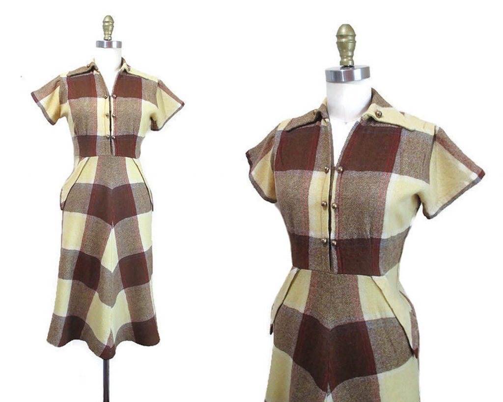 1940s fashion: Yellow and Brown Plaid Print Wool 1940s Day Dress 