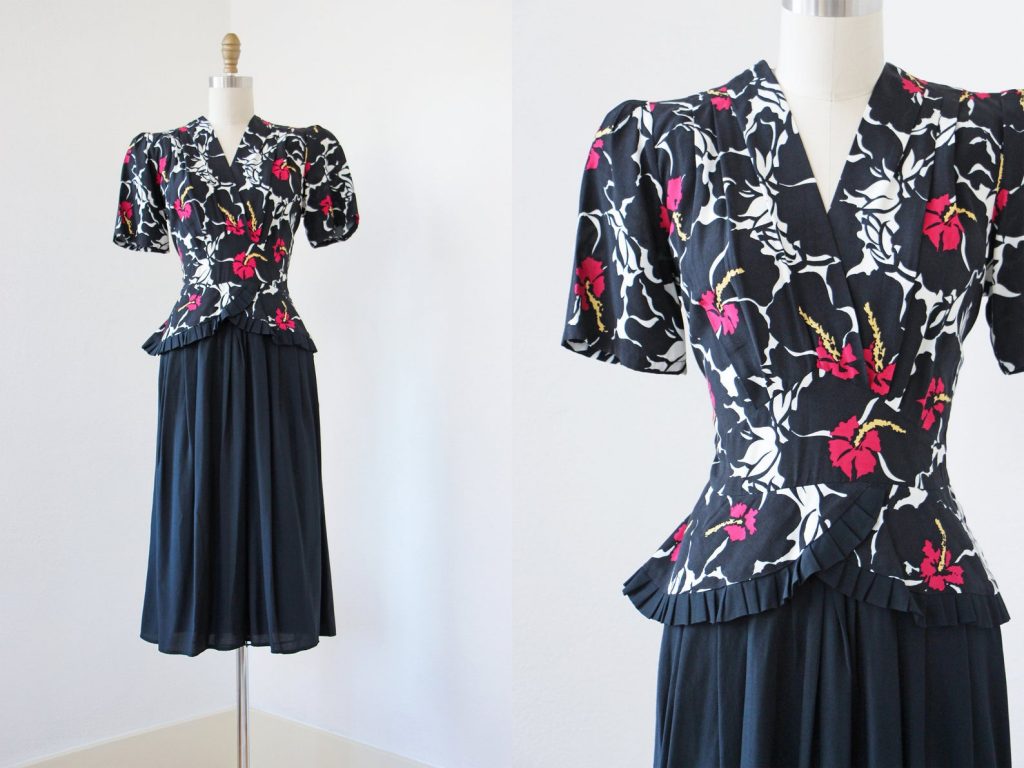 1940s Dress - Vintage 40s Dress - Flirty Black Hot Pink Tropical Floral Print Rayon Ruffled Peplum Dress