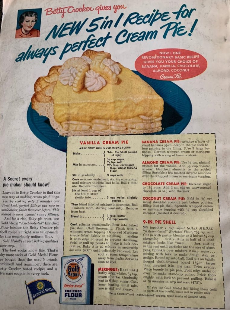 11950s Vintage Advertisement: 1950 Betty Crocker vintage ad for cream pie recipes 