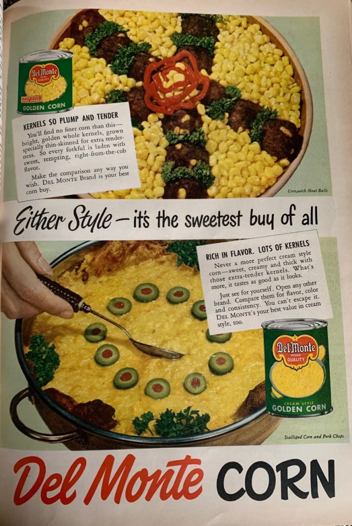 1950s Vintage Advertisement: 1950s vintage food ad for del monte corn featuring 1950s retro food ideas. 