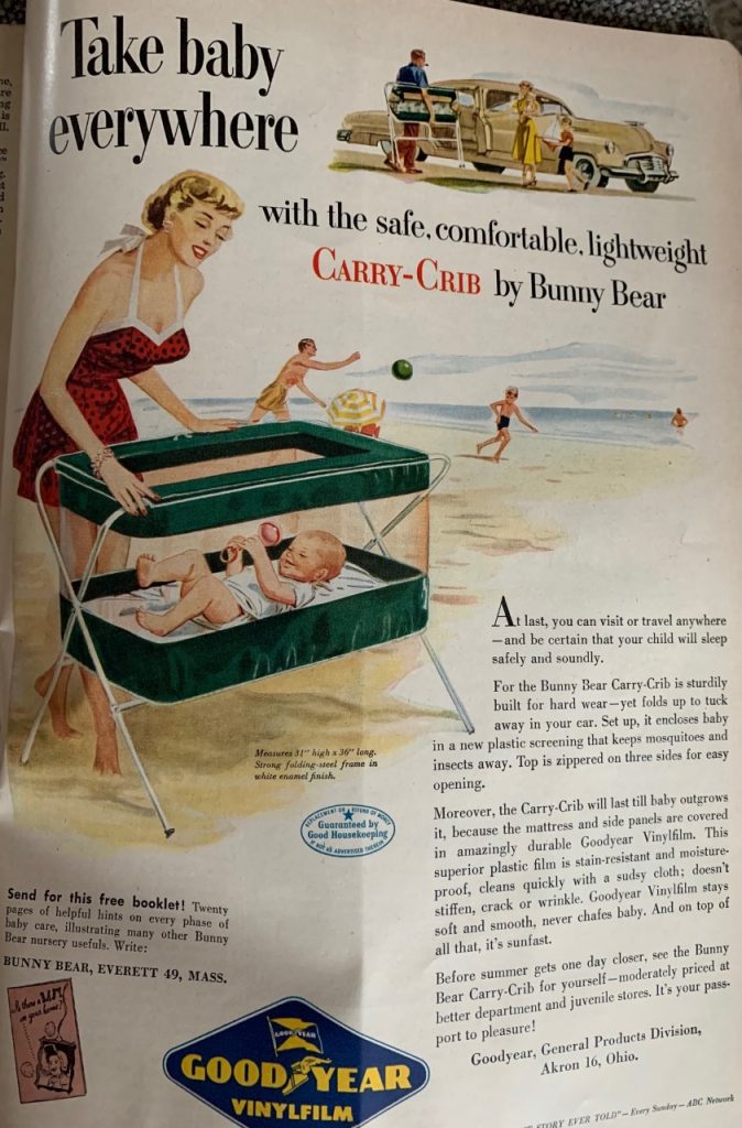 1950s Vintage Advertisement: 1950 vintage ad featuring a baby crib you can take anywere like on the beach in the advertising illustration