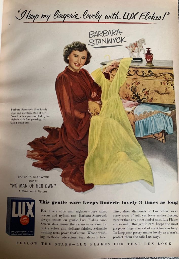 1950s Vintage Advertisement: "I keep my lingerie lovely with LUX Flakes" says Barbara Stanwyck in this 1950 ad for the brand. 