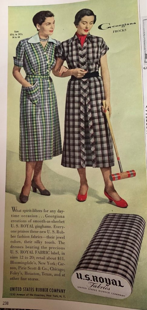 1950s Vintage Advertisement: 1950 Ad for Georgiana Frocks featuring 2 lovely house dresses in plaid using U.S. Royal Fabric. 