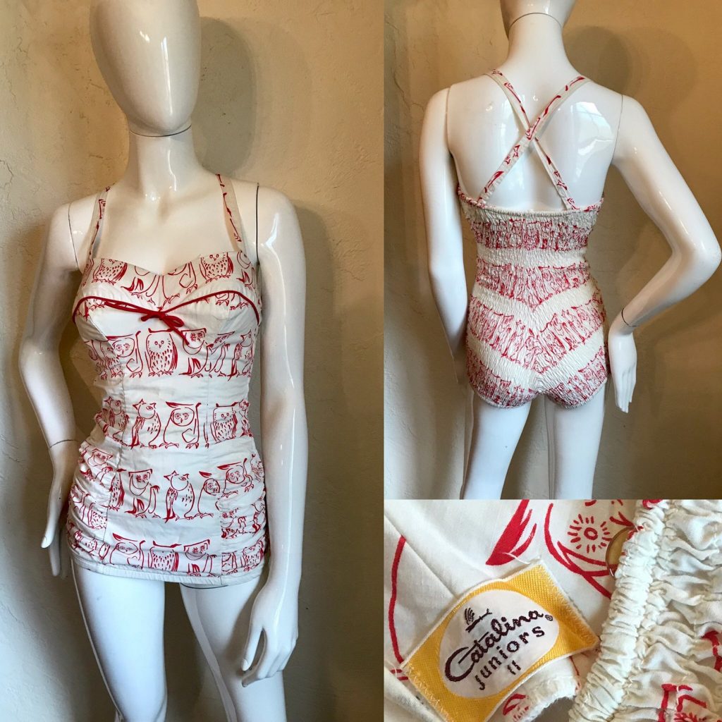 1950’s Catalina of California Novelty Print Red Owl Swimsuit