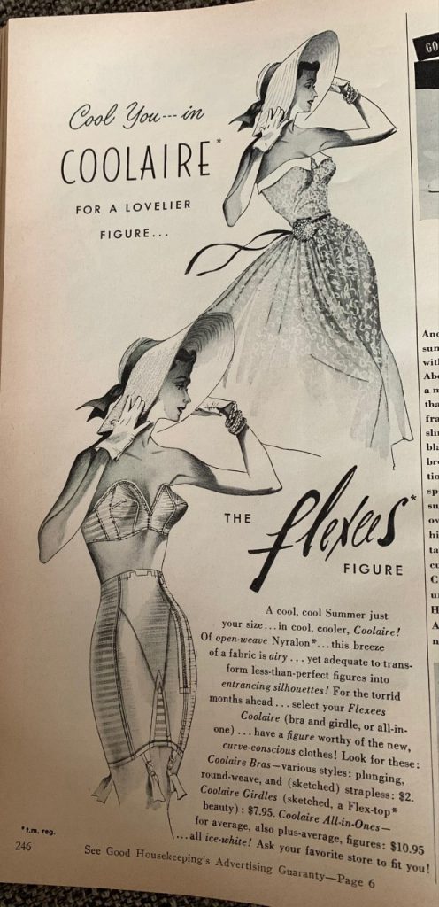 1950 vintage ad for 'Coolaire" women's foundations (bra and girdle). Ad features a woman in a 1950s evening gown and in her bra and girdle