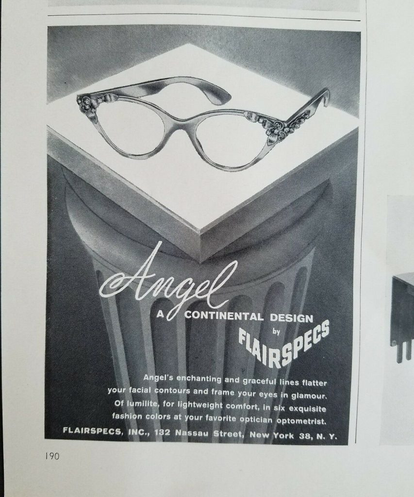 1950s Vintage Ad: 1959 FLAIRSPECS women's Continental design angel cateye eyeglasses frames ad