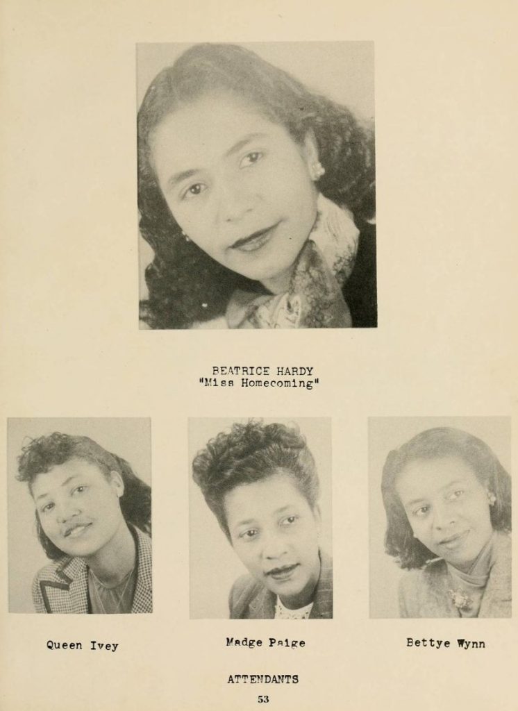 1940s vintage photo: 1948 Yearbook Photo from Elizabeth State University (Black university), featuring "Miss Homecoming" Beatrice Hardy and her Attendants. 