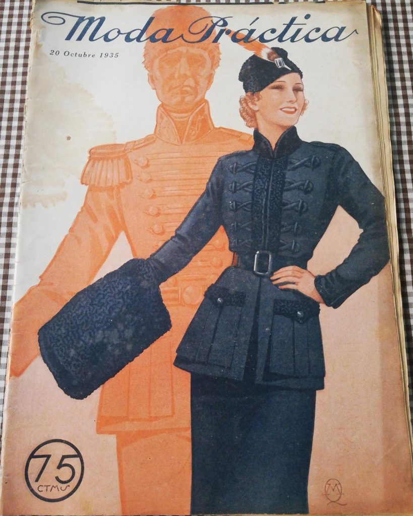 1930s vintage magazine cover: Practical Fashion Magazine. October 20, 1936 featuring a fantastic 1930s jacket, matching skirt, hat and muff. Super Fall going into winter fashion! 