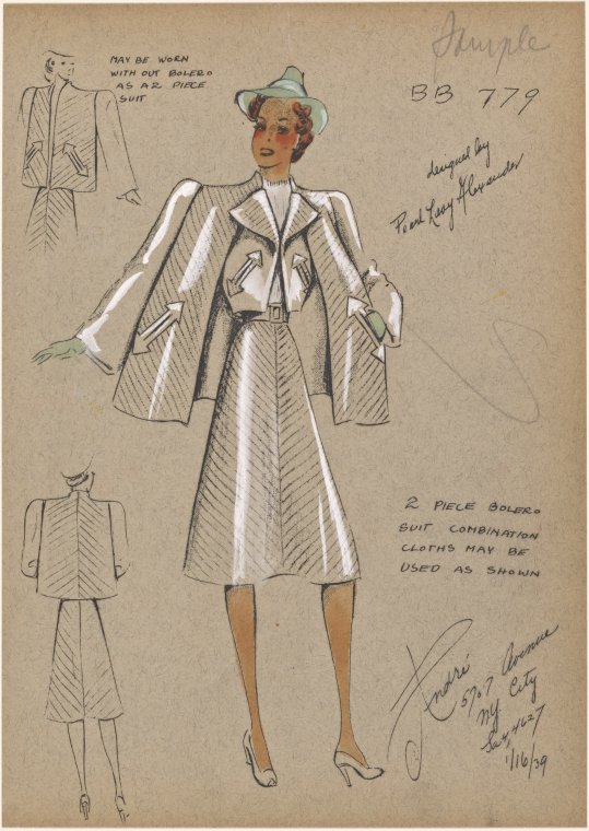 Vintage Fashion Sketch: 2 piece bolero suit. 1930s womens coat fashion 