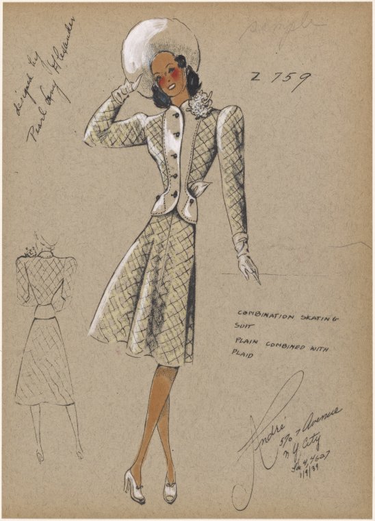 Vintage Fashion Sketch: 1930s fashion illustration showcasing a women's skating suit. Short jacket and and skirt. 