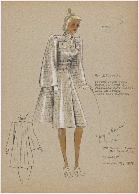 Vintage Fashion Sketch: 1939 "New Silhouette" a Fitted Swing Coat. 1930s Womens Coat fashion illustration