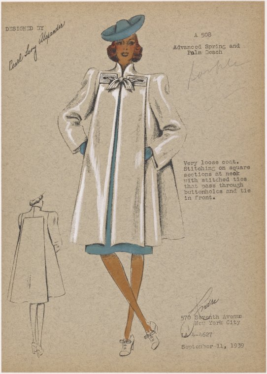 Vintage Fashion Sketch: 1939 Very Loose Coat (swing coat style) with the most wonderful of details at the top of the jacket (that bow is smart!). 