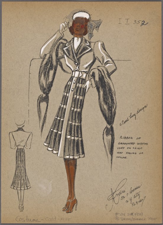 Vintage Fashion Sketch: Belted coat with tiered ribbon design on skirt 1930s fashion illustration. 