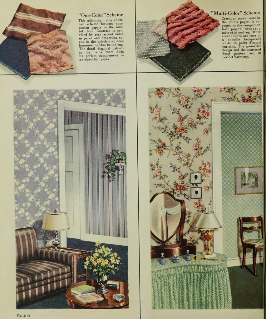 How to use colour and design in your rooms when decorating. As seen in a 1940s wallpaper catalog