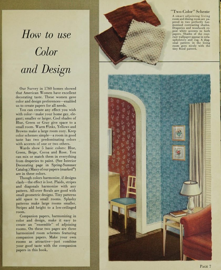 How to use colour and design in your rooms when decorating. As seen in a 1940s wallpaper catalog